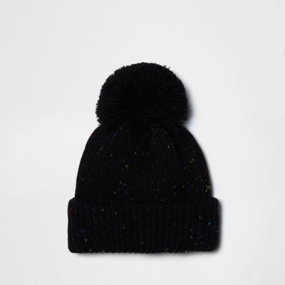 Black flecked knit bobble hat